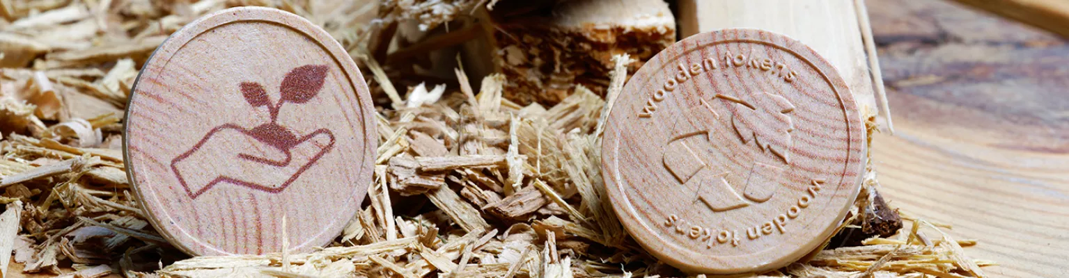 Wooden Tokens made from wood waste and potato peels