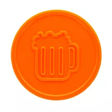 Orangefarbene Plastikpfandmarke auf Lager mit geprägtem Bierkrug