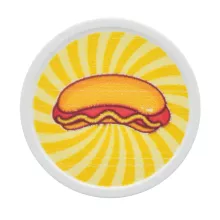 Weiße Plastikpfandmarke auf Lager bedruckt mit einem Hotdog