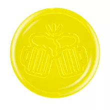 Ficha de plástico amarillo transparente en existencia grabada con vaso de cerveza
